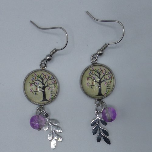 Boucles d'oreilles pendantes arbre de vie violet mauve en cabochon de verre