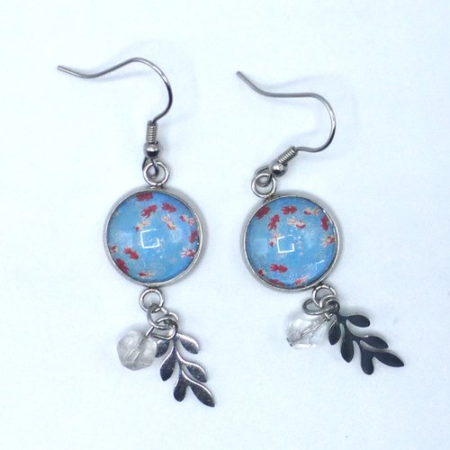 Boucles d'oreilles pendantes poissons carpes koï rouges bleu en cabochon de verre
