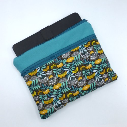 Pochette pour tablette 10 pouces, étui pour tablette fleurs bleu vert et jaune en coton avec petite poche