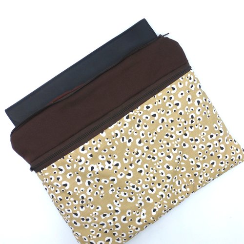 Pochette pour tablette 10 pouces, étui pour tablette peau de léopard marron chocolat et beige en coton avec petite poche
