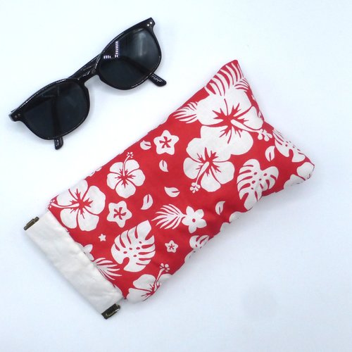 Etui à lunettes molletonné fleurs hibiscus blanc rouge en coton