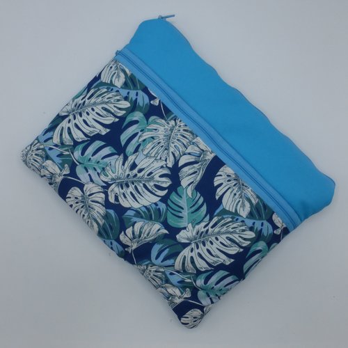 Pochette pour tablette 10 pouces, étui pour tablette feuilles de monstera tropical bleu turquoise et vert en coton avec petite poche