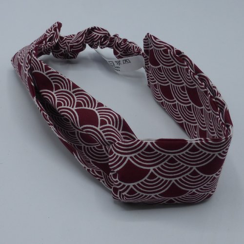 Bandeau femme motif géométrique écailles éventails rouge bordeaux en coton 57 cm