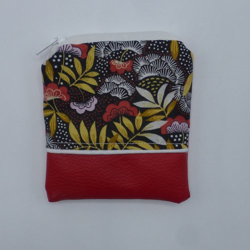 Petit porte monnaie fleurs japonaises rouge en coton et simili-cuir