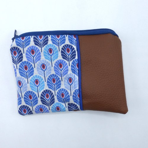 Grand porte monnaie plumes de paon bleu marron clair en coton et simili-cuir