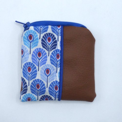 Petit porte monnaie plumes de paon bleu marron clair en coton et simili-cuir