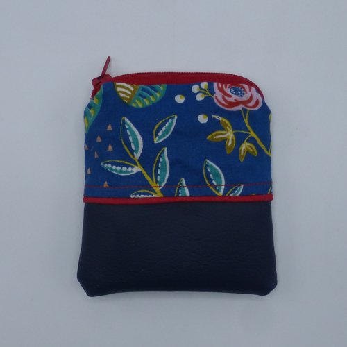 Petit porte monnaie fleurs multicolores bleu marine en coton et simili-cuir