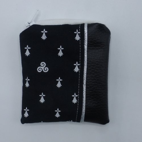Petit porte monnaie bretagne breton bretonne triskells hermines noir blanc argenté en coton et simili-cuir