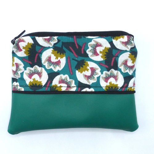 Grand porte monnaie fleurs blanches vert émeraude en coton et simili-cuir