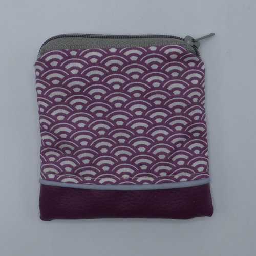 Petit porte monnaie éventails violet prune en coton et simili-cuir