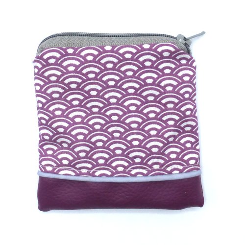 Petit porte monnaie éventails violet prune en coton et simili-cuir