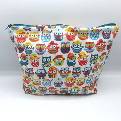 Trousse de toilette doublée chouettes hiboux multicolores colorées bord de mer été vacances en coton enduit