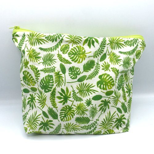 Trousse de toilette doublée feuilles tropicales vertes en coton enduit