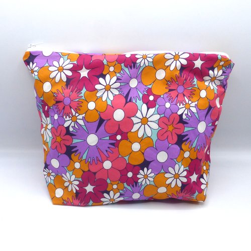 Trousse de toilette doublée fleurs multicolores colorées rétro années 1970 en coton enduit