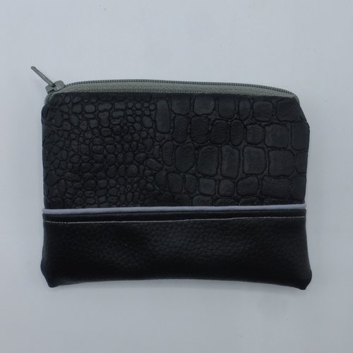 Grand porte monnaie crocodile noir gris en coton et simili-cuir