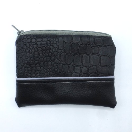 Grand porte monnaie crocodile noir gris en coton et simili-cuir