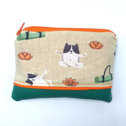 Grand porte monnaie chats yoga orange vert émeraude en coton et simili-cuir
