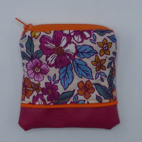 Petit porte monnaie fleurs multicolore rose fuchsia orange en coton et simili-cuir