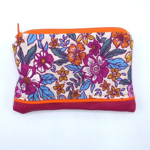 Grand porte monnaie fleurs multicolore rose fuchsia orange en coton et simili-cuir