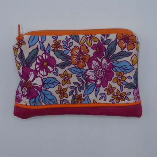 Grand porte monnaie fleurs multicolore rose fuchsia orange en coton et simili-cuir