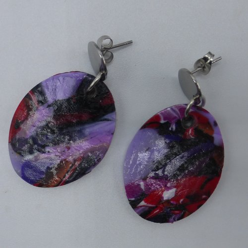 Boucles d'oreilles pendantes ovale marbrées marron rouges mauves violettes en pâte polymère