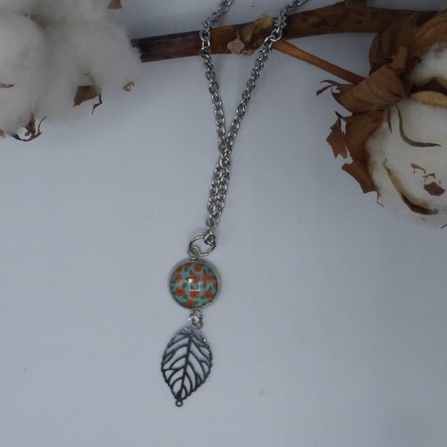 Pendentif fleurs feuille oranges en cabochon de verre et acier inoxydable