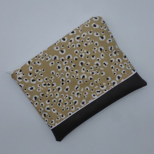 Trousse à maquillage imprimé léopard beige blanc marron chocolat coton et simili-cuir