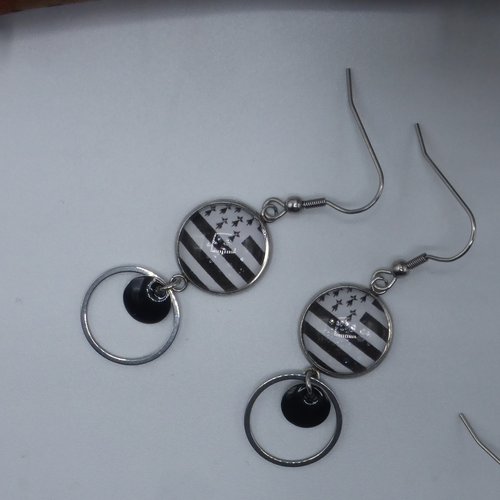 Boucles d'oreilles drapeau breton bretonne bretagne en cabochon en verre et acier inoxydable