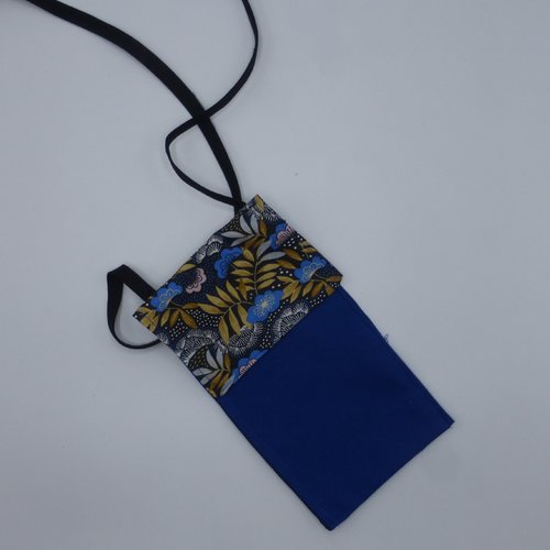 Étui pour téléphone à bandoulière à fleurs bleu roy japonais en coton