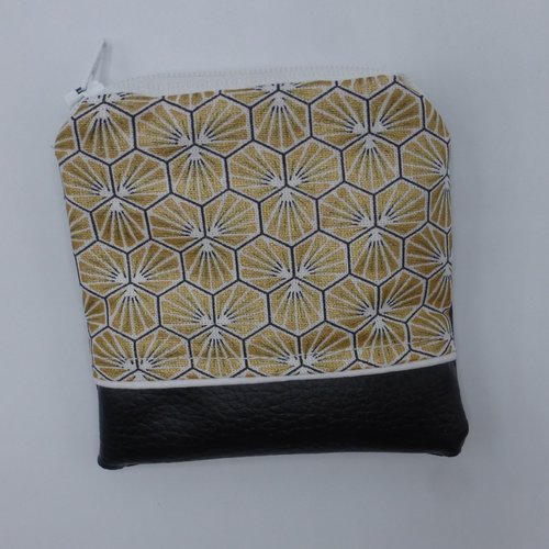 Petit porte monnaie hexagones dorés or noir en coton et simili-cuir