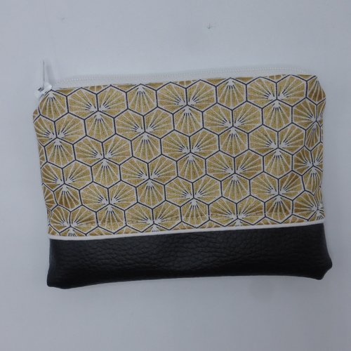 Grand porte monnaie hexagones dorés or noir en coton et simili-cuir