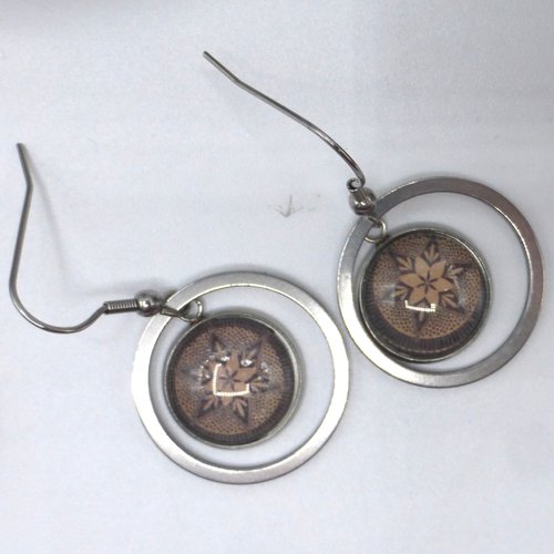 Boucles d'oreilles créoles rondes fleur mandala beige marron noir en cabochon en verre et acier inoxydable
