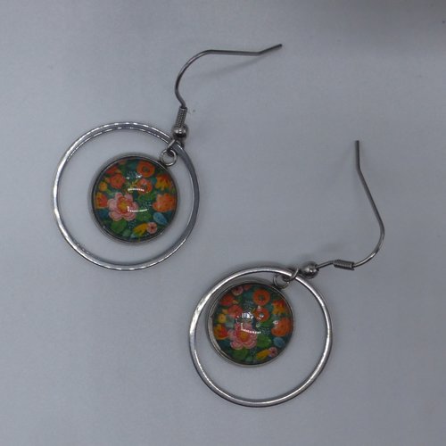 Boucles d'oreilles créoles rondes fleurs oranges en cabochon en verre et acier inoxydable