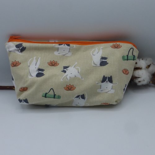 Trousse à maquillage / trousse à crayons / trousse d'école doublée chats lotus yoga méditation beige orange en coton enduit et coton