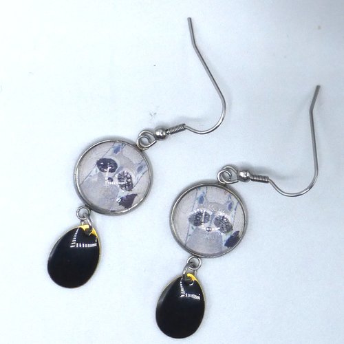Boucles d'oreilles pendantes raton laveur noir blanc en cabochon en verre et acier inoxydable