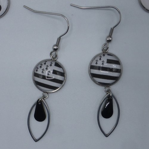 Boucles d'oreilles drapeau breton bretonne bretagne en cabochon en verre et acier inoxydable