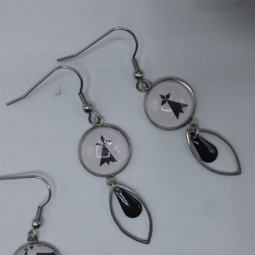 Boucles d'oreilles hermine bretonne bretagne en cabochon en verre et acier inoxydable
