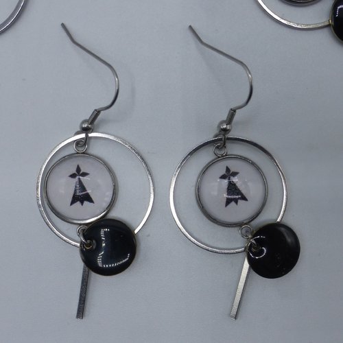 Boucles d'oreilles créoles rondes breton bretonne bretagne hermine noir et blanc en cabochon en verre et acier inoxydable
