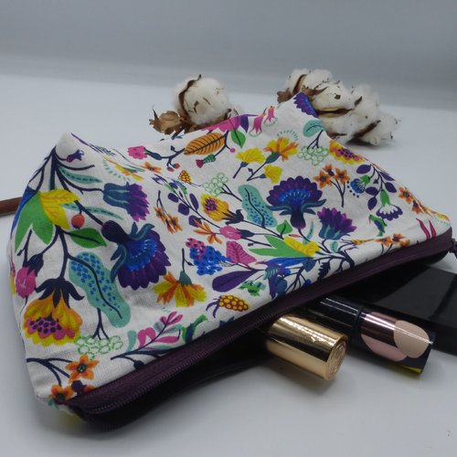 Trousse à maquillage / trousse à crayons / trousse d'école doublée fleurs multicolores en coton enduit et coton