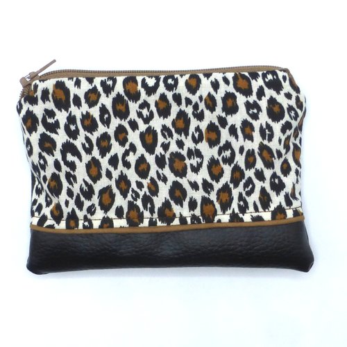 Grand porte monnaie imprimé léopard noir marron en coton et simili-cuir