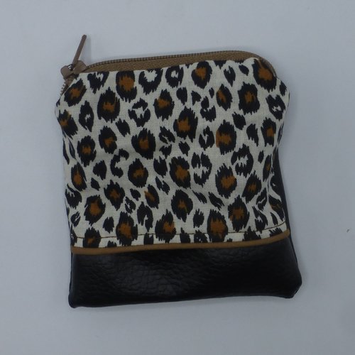 Petit porte monnaie imprimé léopard noir marron en coton et simili-cuir