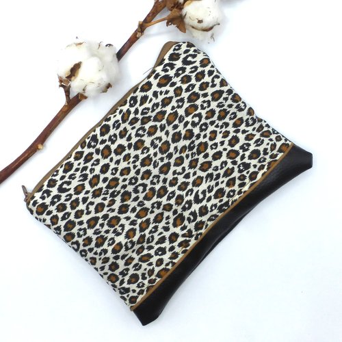 Trousse à maquillage imprimé léopard marron noir coton et simili-cuir