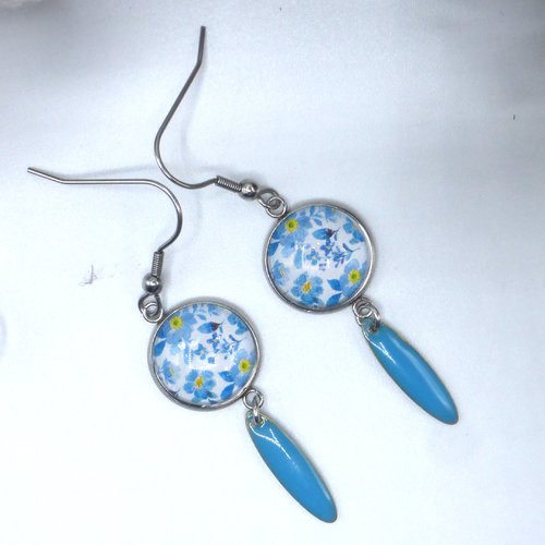 Boucles d'oreilles pendantes fleurs bleu en cabochon en verre et acier inoxydable