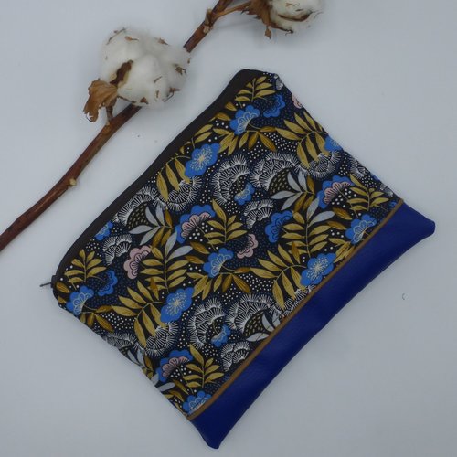 Trousse à maquillage fleurs bleu roy marron noir blanc en coton et simili-cuir