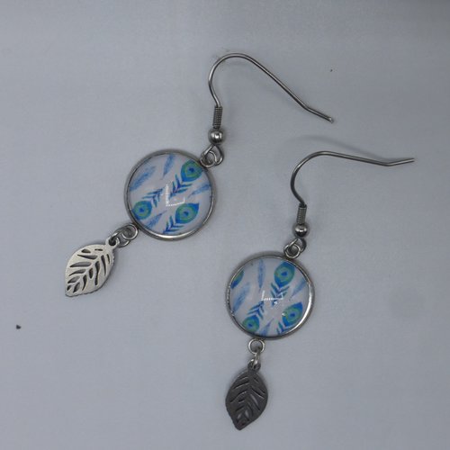 Boucles d'oreilles pendantes plumes feuilles bleues en cabochon en verre et acier inoxydable
