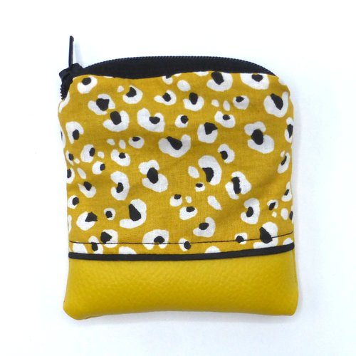 Petit porte monnaie imprimé léopard noir jaune moutarde ocre en coton et simili-cuir