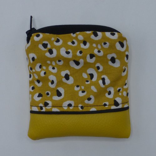 Petit porte monnaie imprimé léopard noir jaune moutarde ocre en coton et simili-cuir