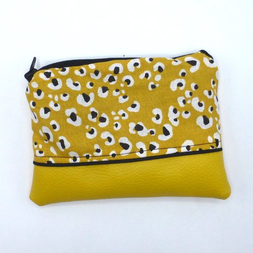 Grand porte monnaie imprimé léopard noir jaune moutarde ocre en coton et simili-cuir