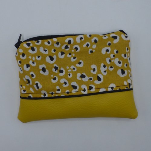 Grand porte monnaie imprimé léopard noir jaune moutarde ocre en coton et simili-cuir