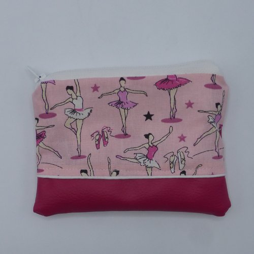 Grand porte monnaie danseuses classiques rose fuchsia blanc en coton et simili-cuir
